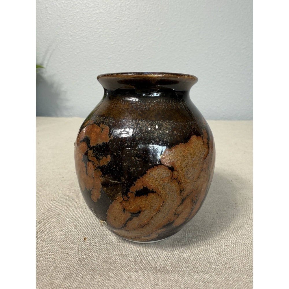 Vtg Studio Art Stoneware Brown Glazed Pottery 3.5" Round Drip Glaze Vase Signed